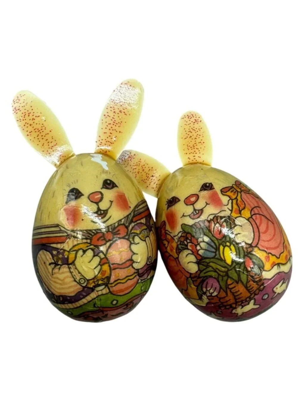 Vintage Holiday Paper Mache Bunny Rabbits Egg Ornament set of 2 READ